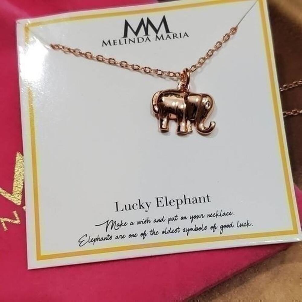 Melinda Maria Lucky Elephant Necklace Rose Gold Tone Pendant with Pouch NEW